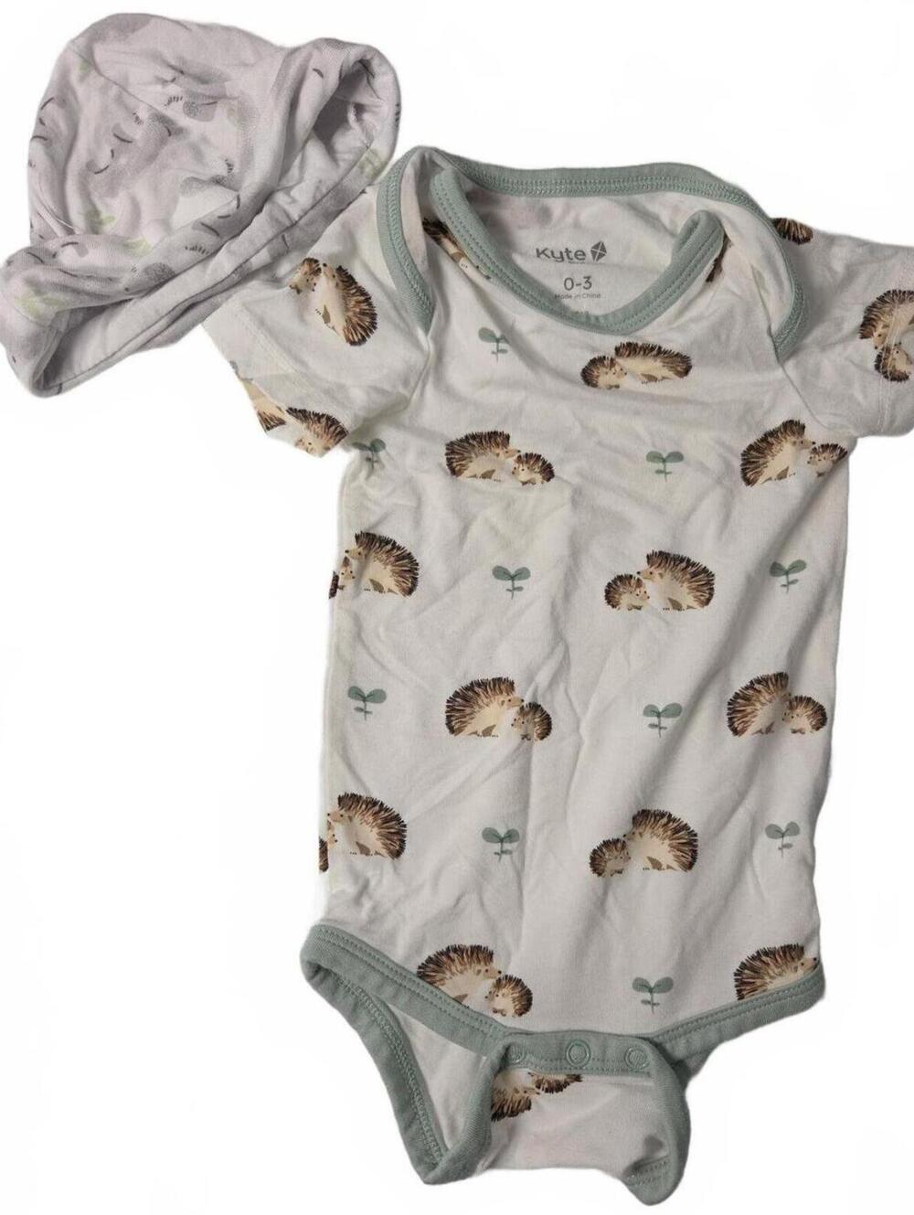 Kyte Baby 0-3 Months bodysuit and Hat Set in Hedgehog Print